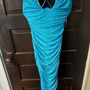 Turquoise Ruched Halter Midi Dress